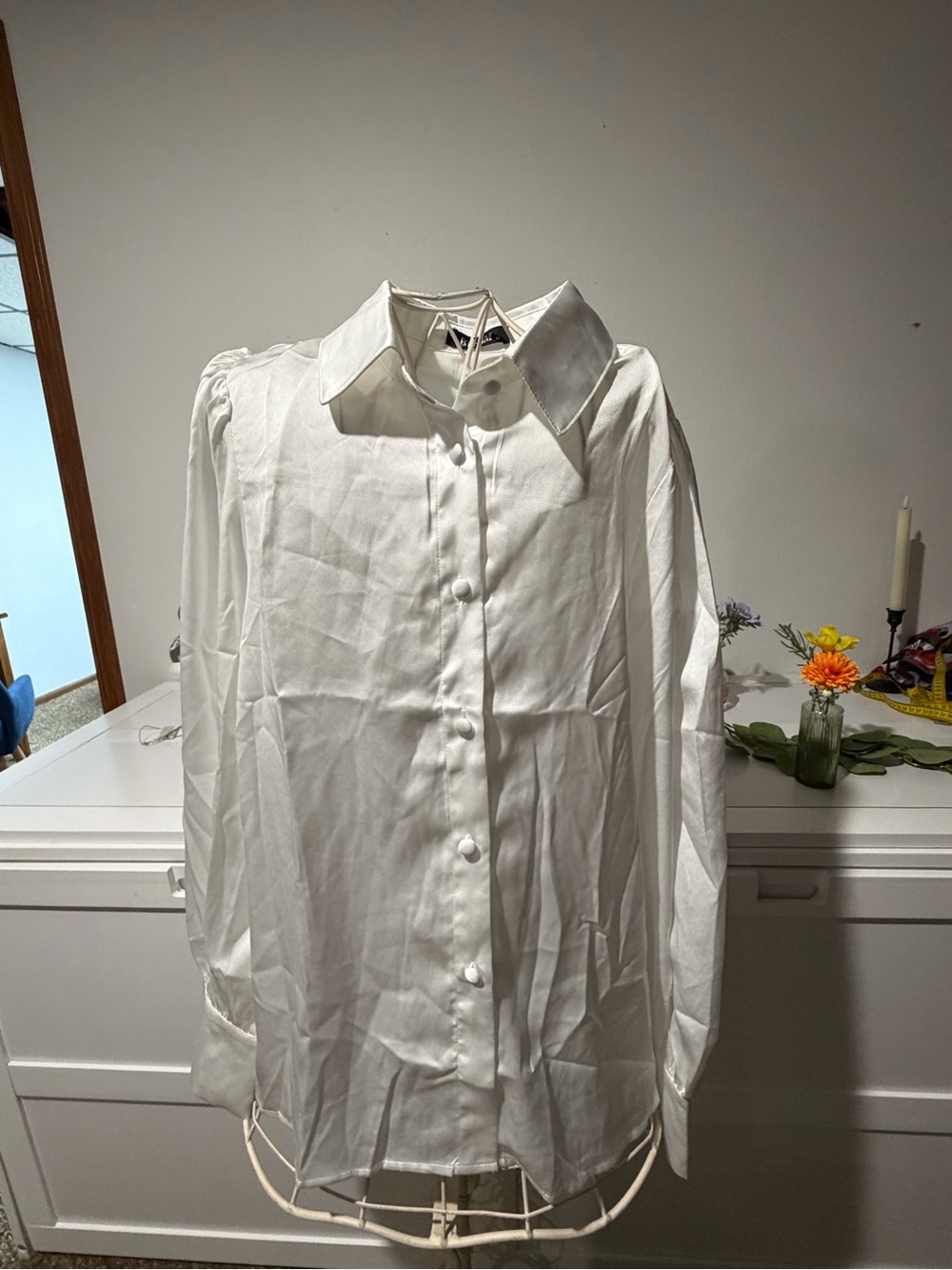 Classic White Button-Front Satin look Blouse with Pointed Collar